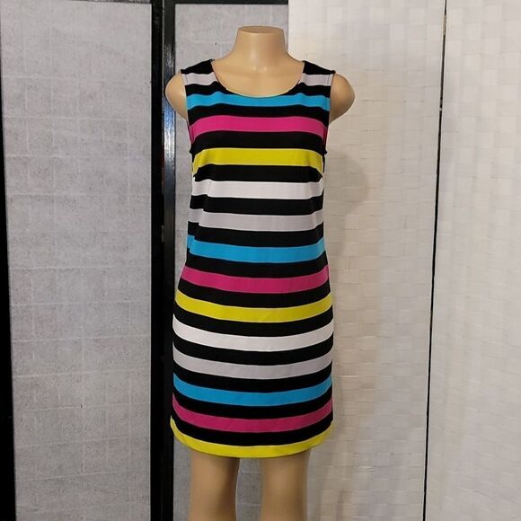 BRAND NEW MULTI-COLOR STRIPED SHEATH SLEEVELESS SHORT DRESS - Picture 2 of 11